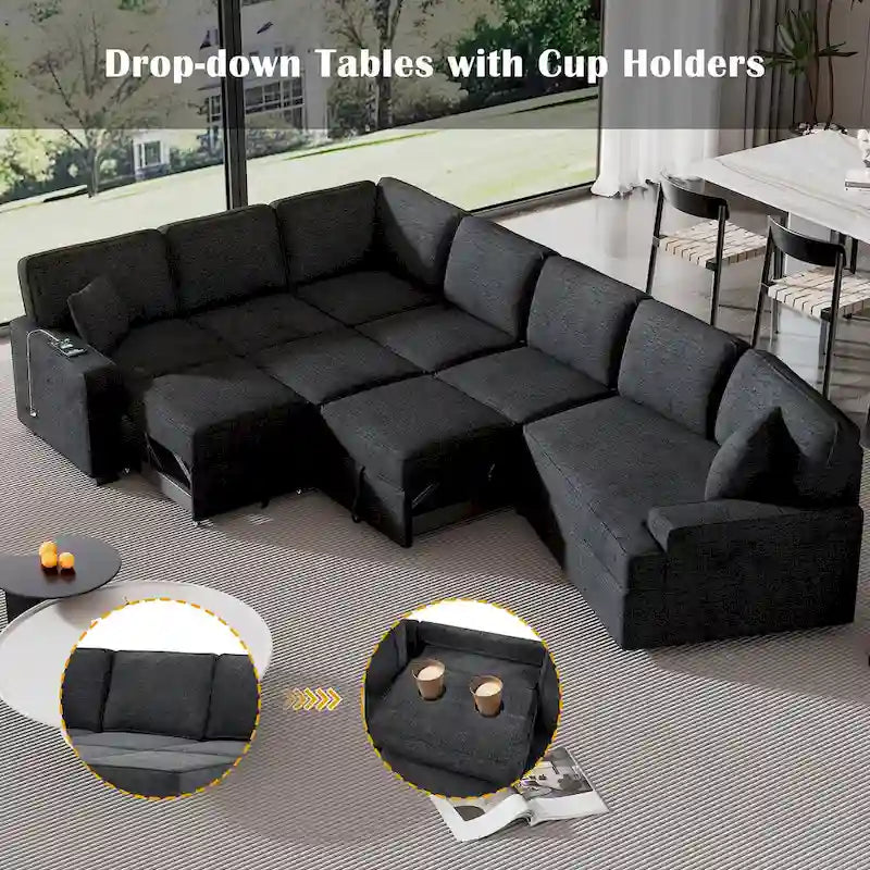 Schwarzes L-förmiges 6-Sitzer-Sofa mit Ausziehbett und Getränkehaltern, 126 cm