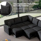 Schwarzes L-förmiges 6-Sitzer-Sofa mit Ausziehbett und Getränkehaltern, 126 cm