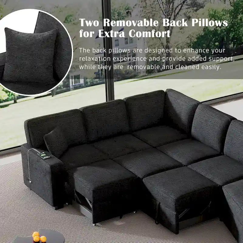 Schwarzes L-förmiges 6-Sitzer-Sofa mit Ausziehbett und Getränkehaltern, 126 cm