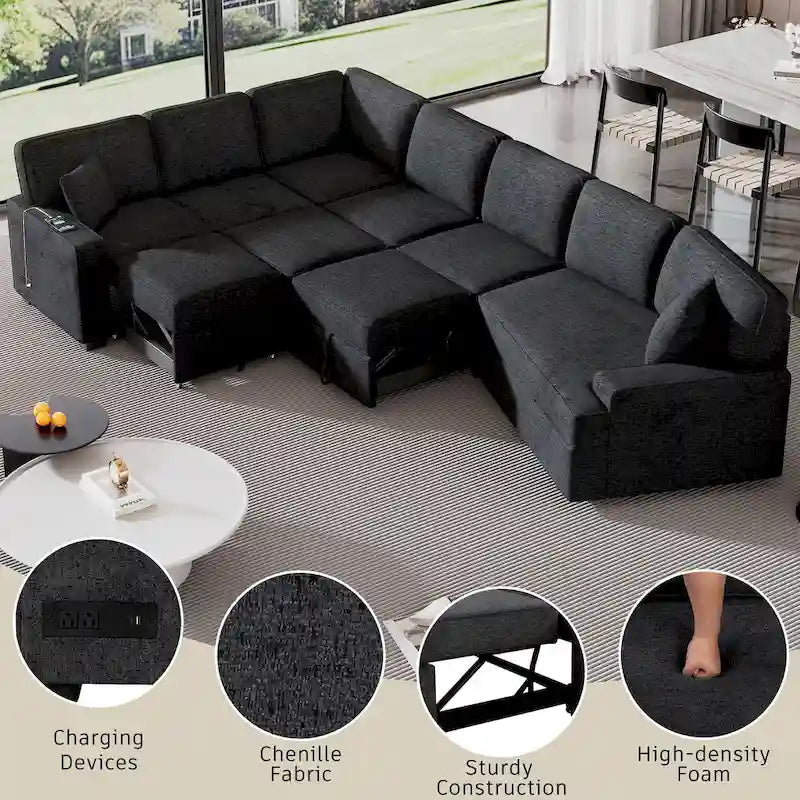 Schwarzes L-förmiges 6-Sitzer-Sofa mit Ausziehbett und Getränkehaltern, 126 cm