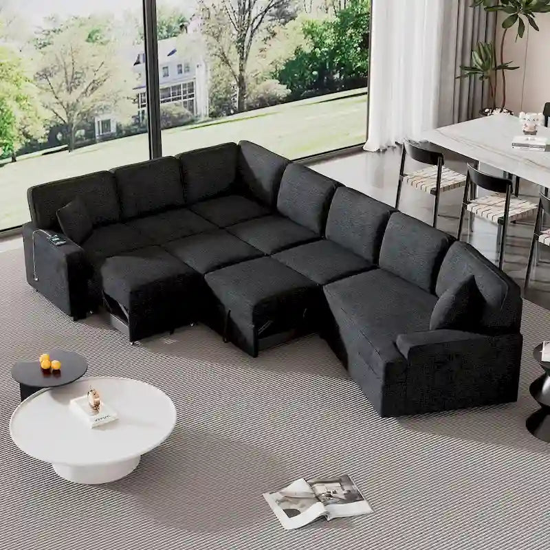Schwarzes L-förmiges 6-Sitzer-Sofa mit Ausziehbett und Getränkehaltern, 126 cm