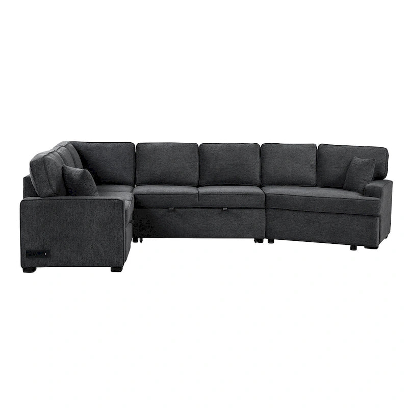 Schwarzes L-förmiges 6-Sitzer-Sofa mit Ausziehbett und Getränkehaltern, 126 cm