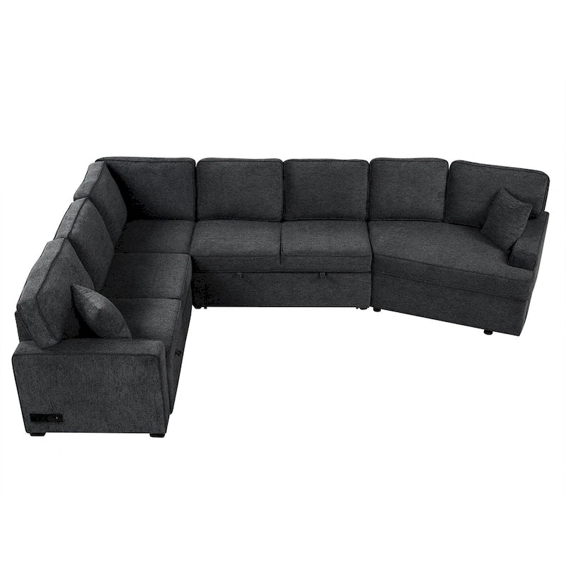 Schwarzes L-förmiges 6-Sitzer-Sofa mit Ausziehbett und Getränkehaltern, 126 cm