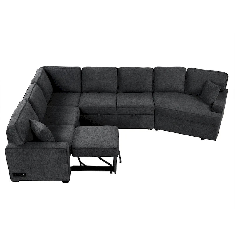 Schwarzes L-förmiges 6-Sitzer-Sofa mit Ausziehbett und Getränkehaltern, 126 cm