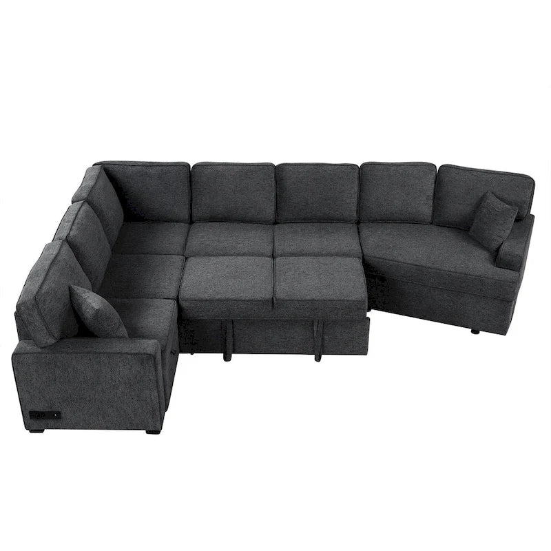 Schwarzes L-förmiges 6-Sitzer-Sofa mit Ausziehbett und Getränkehaltern, 126 cm