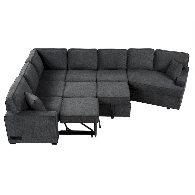 Schwarzes L-förmiges 6-Sitzer-Sofa mit Ausziehbett und Getränkehaltern, 126 cm