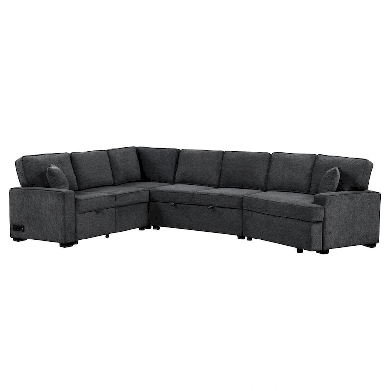 Schwarzes L-förmiges 6-Sitzer-Sofa mit Ausziehbett und Getränkehaltern, 126 cm