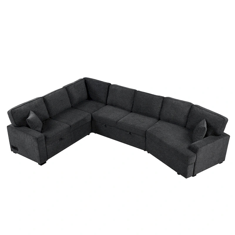 Schwarzes L-förmiges 6-Sitzer-Sofa mit Ausziehbett und Getränkehaltern, 126 cm