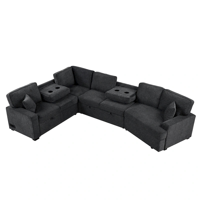 Schwarzes L-förmiges 6-Sitzer-Sofa mit Ausziehbett und Getränkehaltern, 126 cm