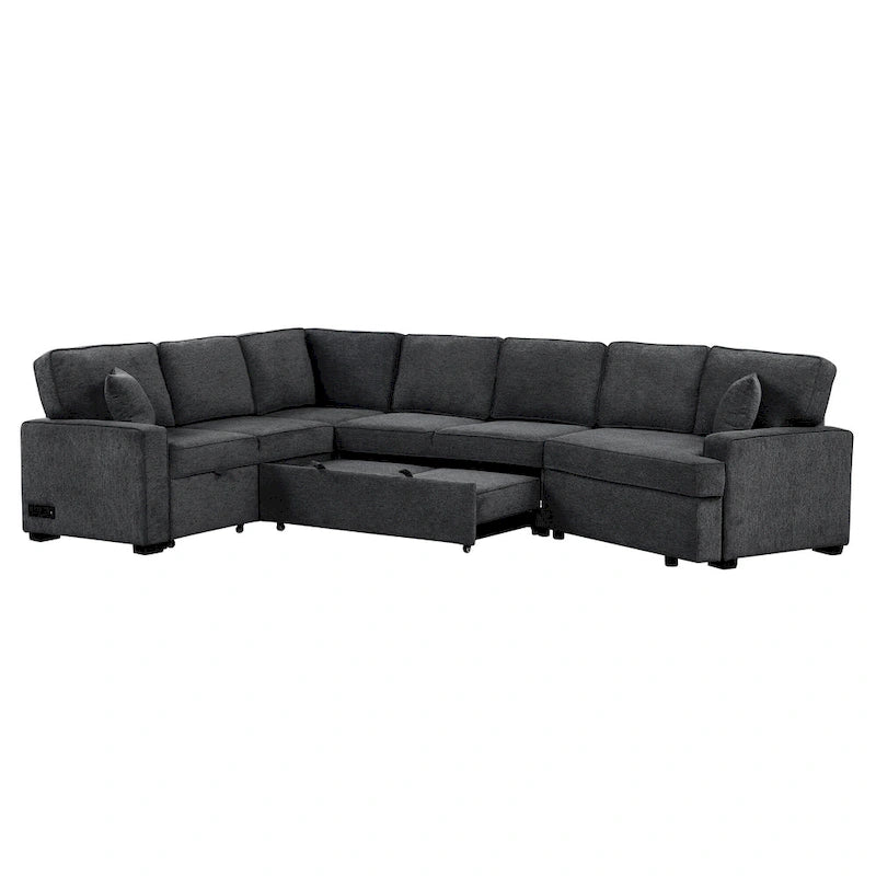 Schwarzes L-förmiges 6-Sitzer-Sofa mit Ausziehbett und Getränkehaltern, 126 cm