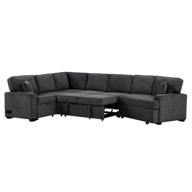 Schwarzes L-förmiges 6-Sitzer-Sofa mit Ausziehbett und Getränkehaltern, 126 cm