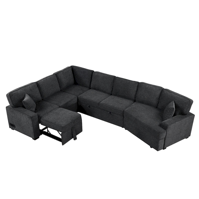 Schwarzes L-förmiges 6-Sitzer-Sofa mit Ausziehbett und Getränkehaltern, 126 cm