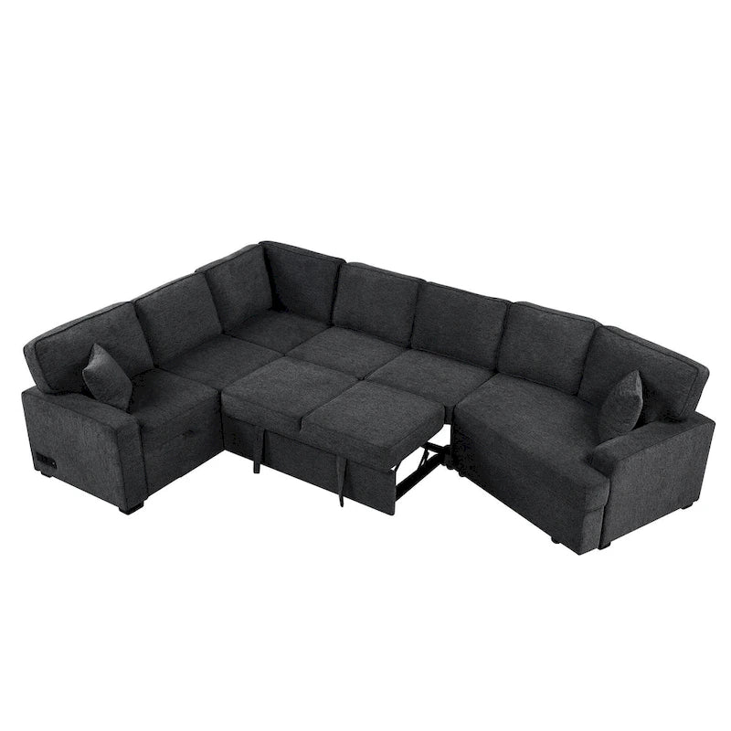 Schwarzes L-förmiges 6-Sitzer-Sofa mit Ausziehbett und Getränkehaltern, 126 cm
