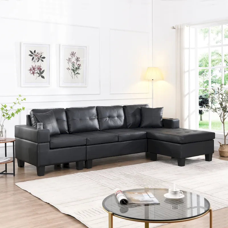 Schwarzes 96,06 Modernes L-förmiges 4-Sitzer Sektionssofa mit Chaiselongue, Getränkehaltern und Wurfkissen