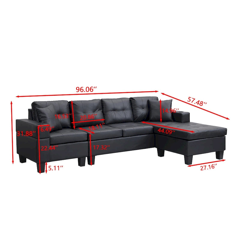 Schwarzes 96,06 Modernes L-förmiges 4-Sitzer Sektionssofa mit Chaiselongue, Getränkehaltern und Wurfkissen