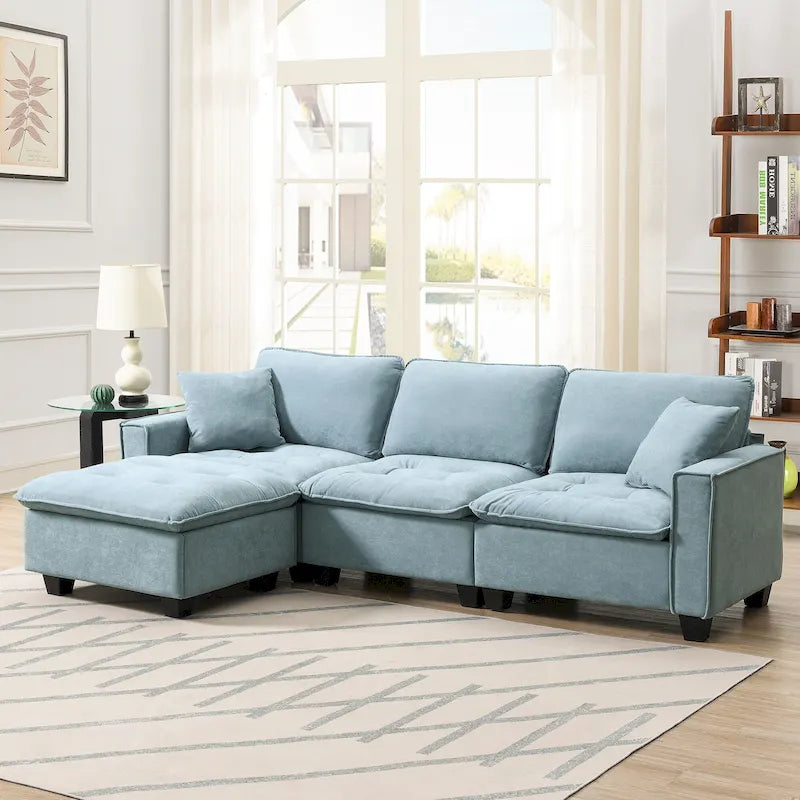 Blaues 100er L-förmiges, umbaubares 4-Sitzer-Ecksofa mit abnehmbarem Ottoman und passenden Kissen, ideal für das Wohnzimmer