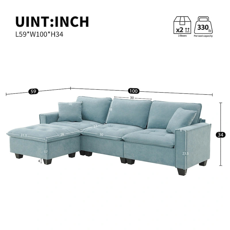 Blaues 100er L-förmiges, umbaubares 4-Sitzer-Ecksofa mit abnehmbarem Ottoman und passenden Kissen, ideal für das Wohnzimmer