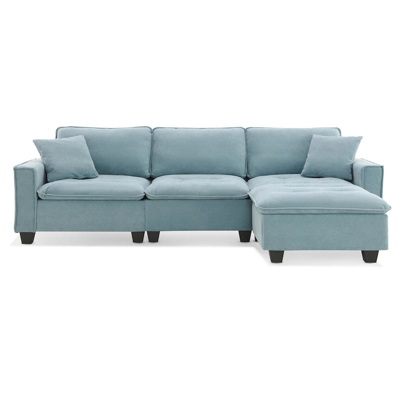Blaues 100er L-förmiges, umbaubares 4-Sitzer-Ecksofa mit abnehmbarem Ottoman und passenden Kissen, ideal für das Wohnzimmer