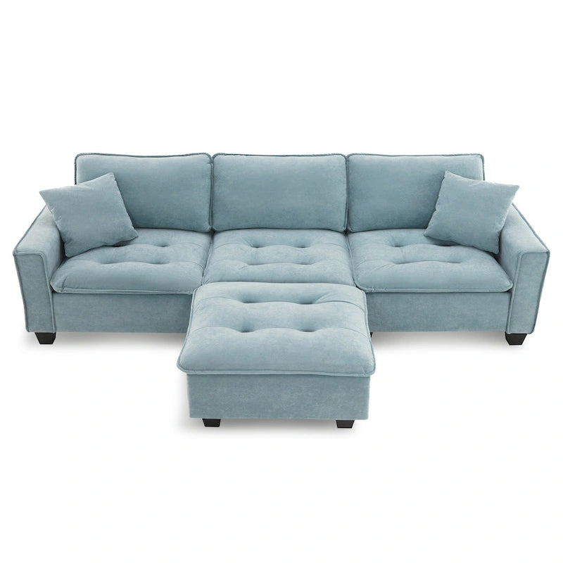 Blaues 100er L-förmiges, umbaubares 4-Sitzer-Ecksofa mit abnehmbarem Ottoman und passenden Kissen, ideal für das Wohnzimmer