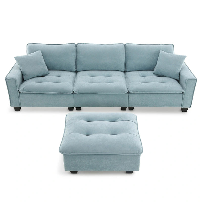 Blaues 100er L-förmiges, umbaubares 4-Sitzer-Ecksofa mit abnehmbarem Ottoman und passenden Kissen, ideal für das Wohnzimmer