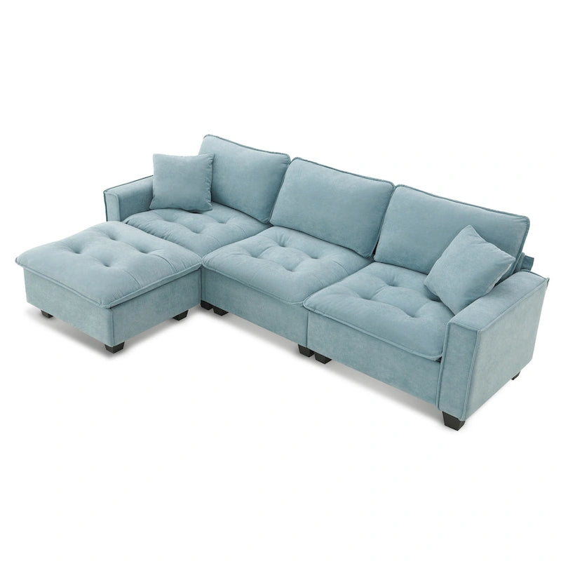 Blaues 100er L-förmiges, umbaubares 4-Sitzer-Ecksofa mit abnehmbarem Ottoman und passenden Kissen, ideal für das Wohnzimmer
