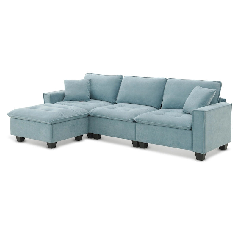 Blaues 100er L-förmiges, umbaubares 4-Sitzer-Ecksofa mit abnehmbarem Ottoman und passenden Kissen, ideal für das Wohnzimmer