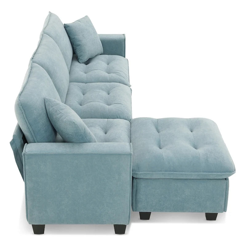 Blaues 100er L-förmiges, umbaubares 4-Sitzer-Ecksofa mit abnehmbarem Ottoman und passenden Kissen, ideal für das Wohnzimmer