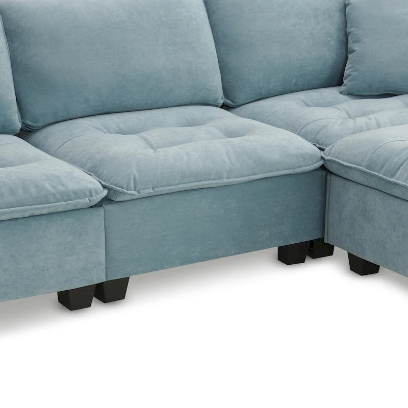 Blaues 100er L-förmiges, umbaubares 4-Sitzer-Ecksofa mit abnehmbarem Ottoman und passenden Kissen, ideal für das Wohnzimmer
