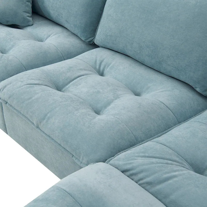 Blaues 100er L-förmiges, umbaubares 4-Sitzer-Ecksofa mit abnehmbarem Ottoman und passenden Kissen, ideal für das Wohnzimmer