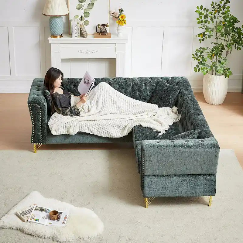 Grünes 81.5 Chenille L-förmiges 5-Sitzer Sofa