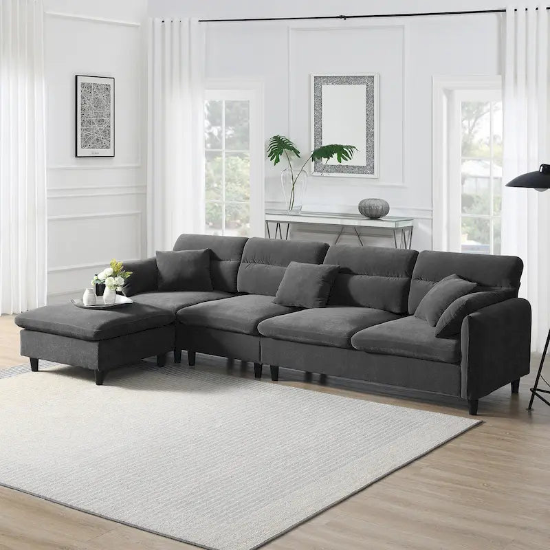110 Ecksofa mit 5 Sitzen und abnehmbarem Ottoman, Bezug aus Cloud-Chenille und 5 Kissen