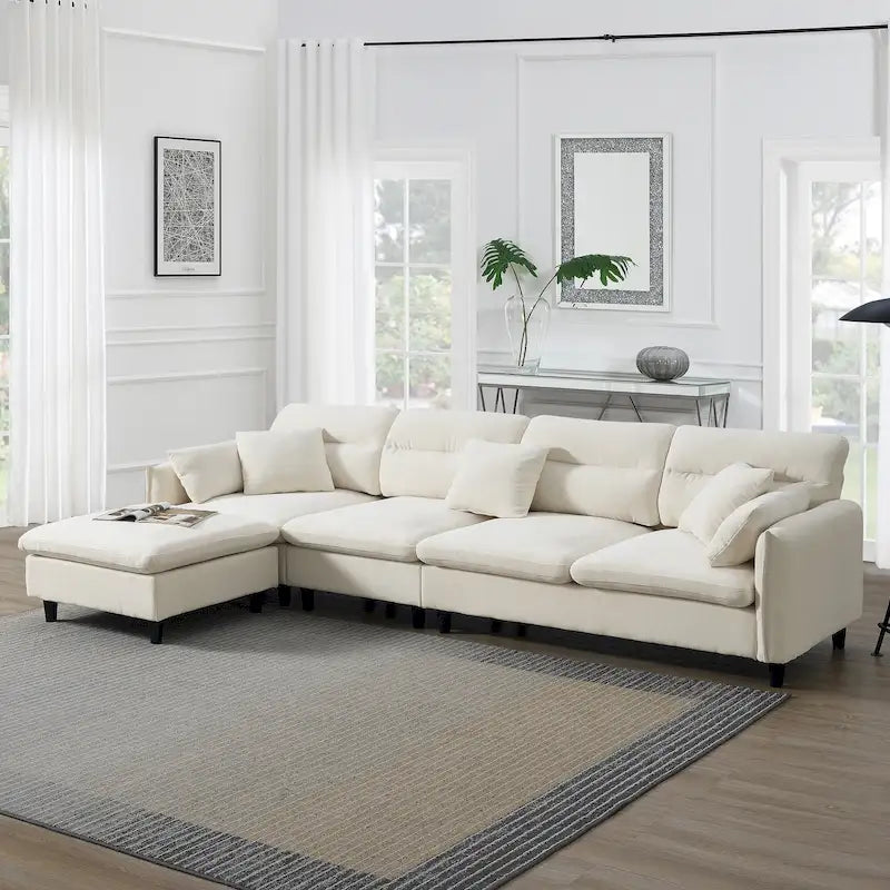 110 Ecksofa mit 5 Sitzen und abnehmbarem Ottoman, Bezug aus Cloud-Chenille und 5 Kissen
