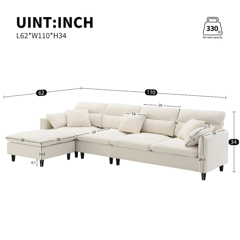 110 Ecksofa mit 5 Sitzen und abnehmbarem Ottoman, Bezug aus Cloud-Chenille und 5 Kissen