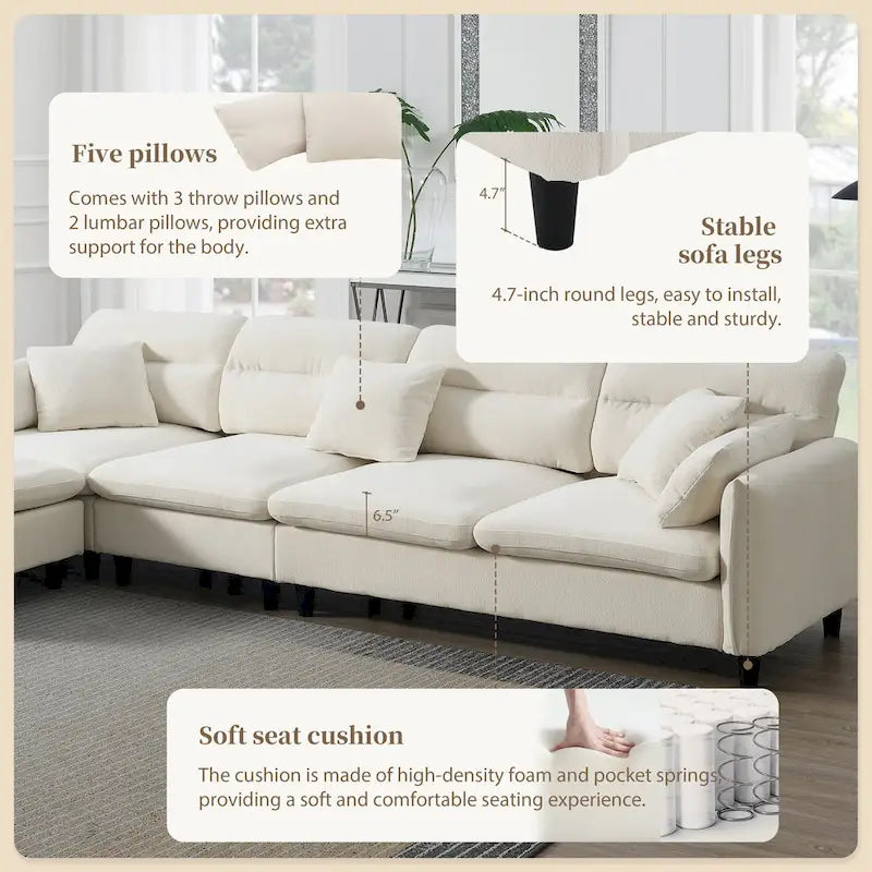 110 Ecksofa mit 5 Sitzen und abnehmbarem Ottoman, Bezug aus Cloud-Chenille und 5 Kissen