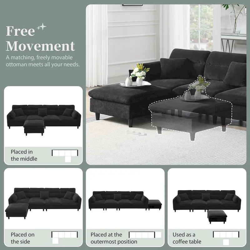 110 Ecksofa mit 5 Sitzen und abnehmbarem Ottoman, Bezug aus Cloud-Chenille und 5 Kissen