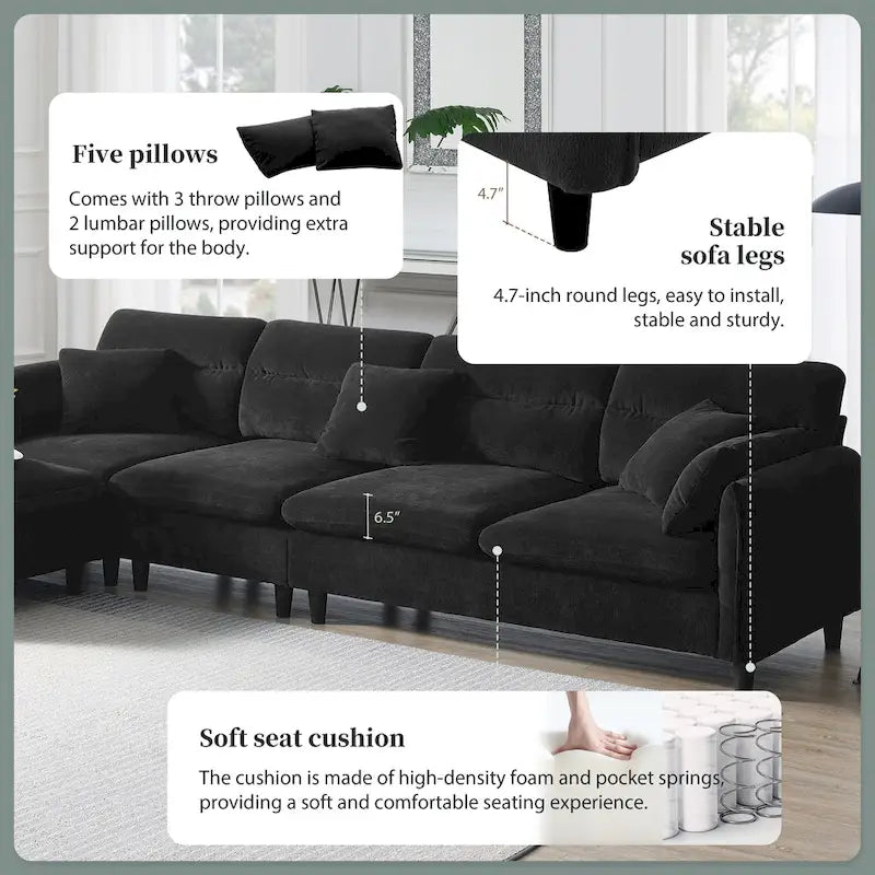 110 Ecksofa mit 5 Sitzen und abnehmbarem Ottoman, Bezug aus Cloud-Chenille und 5 Kissen