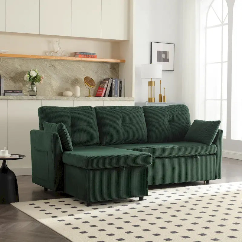 Grünes 81.1 L-förmiges modulares 3-Sitzer-Sofa mit umkehrbarer Recamiere und Stauraum, Plüsch-Samt-Schlafsofa für das Wohnzimmer
