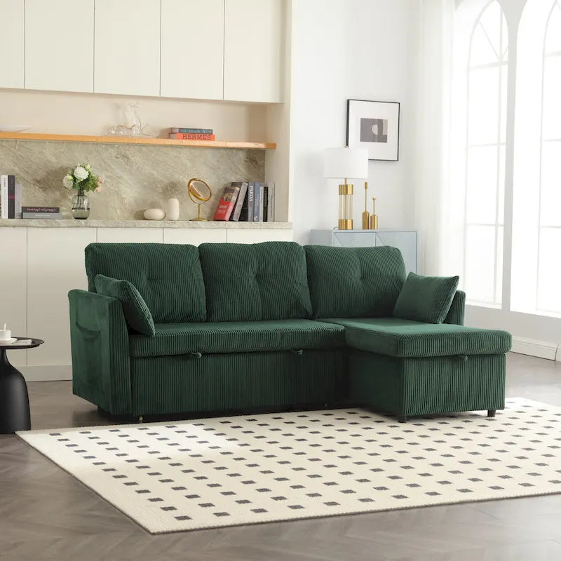 Grünes 81.1 L-förmiges modulares 3-Sitzer-Sofa mit umkehrbarer Recamiere und Stauraum, Plüsch-Samt-Schlafsofa für das Wohnzimmer