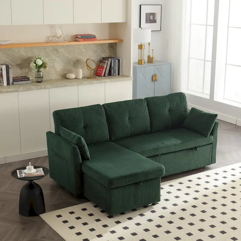 Grünes 81.1 L-förmiges modulares 3-Sitzer-Sofa mit umkehrbarer Recamiere und Stauraum, Plüsch-Samt-Schlafsofa für das Wohnzimmer