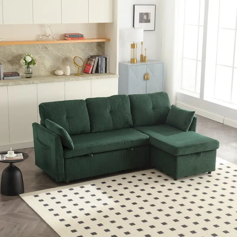 Grünes 81.1 L-förmiges modulares 3-Sitzer-Sofa mit umkehrbarer Recamiere und Stauraum, Plüsch-Samt-Schlafsofa für das Wohnzimmer