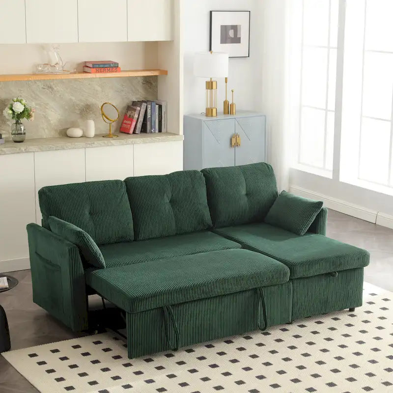 Grünes 81.1 L-förmiges modulares 3-Sitzer-Sofa mit umkehrbarer Recamiere und Stauraum, Plüsch-Samt-Schlafsofa für das Wohnzimmer