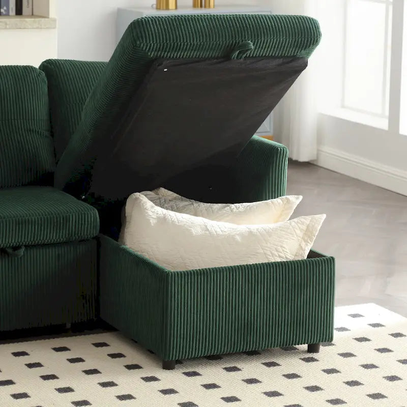 Grünes 81.1 L-förmiges modulares 3-Sitzer-Sofa mit umkehrbarer Recamiere und Stauraum, Plüsch-Samt-Schlafsofa für das Wohnzimmer