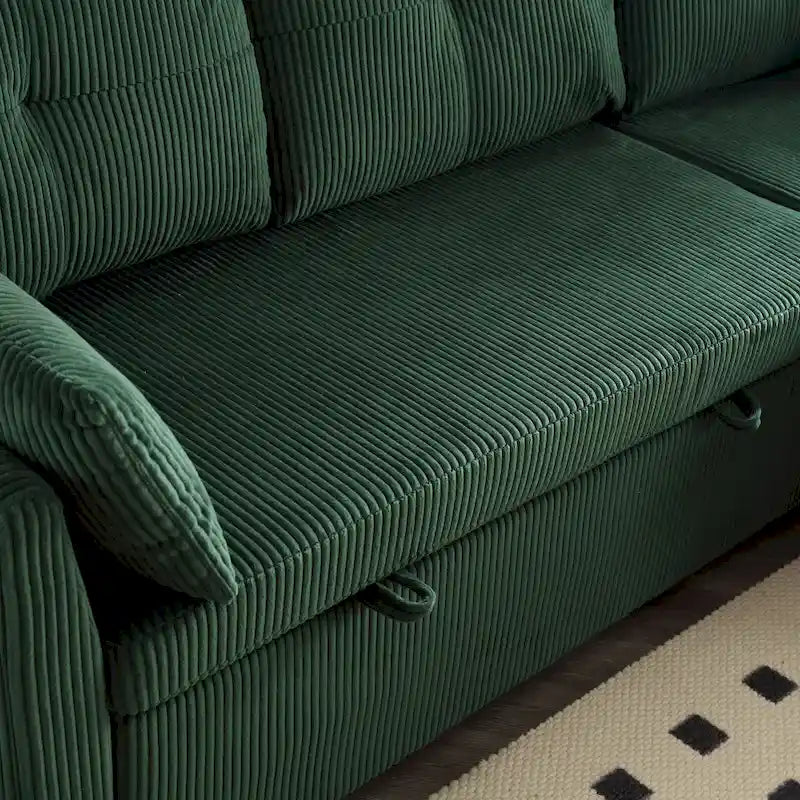 Grünes 81.1 L-förmiges modulares 3-Sitzer-Sofa mit umkehrbarer Recamiere und Stauraum, Plüsch-Samt-Schlafsofa für das Wohnzimmer