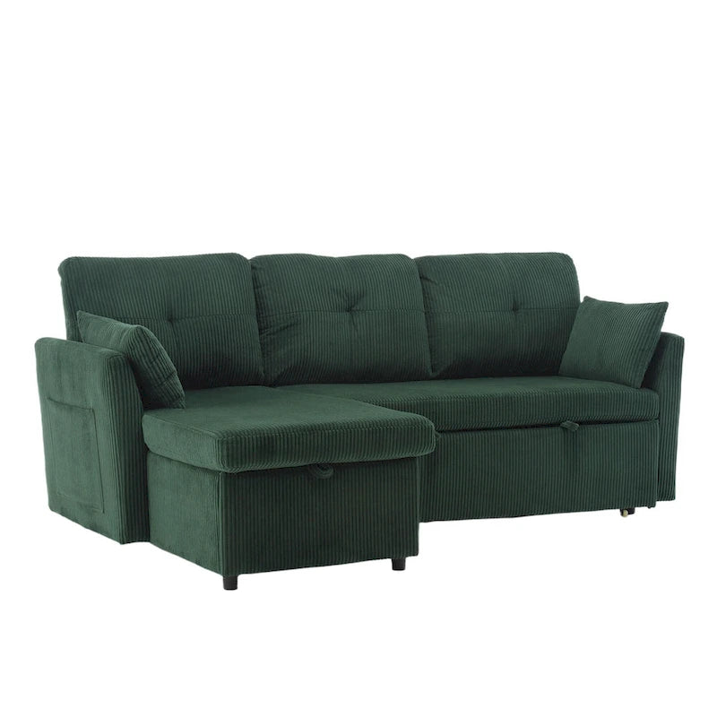 Grünes 81.1 L-förmiges modulares 3-Sitzer-Sofa mit umkehrbarer Recamiere und Stauraum, Plüsch-Samt-Schlafsofa für das Wohnzimmer