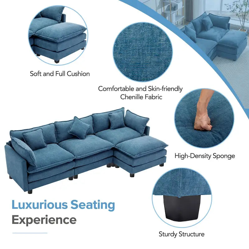 Blaues 112.2 modernes L-förmiges 4-Sitzer-Sofa mit abnehmbarer Ottomane