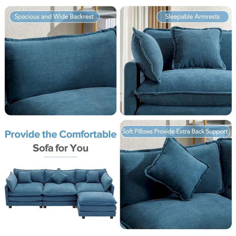 Blaues 112.2 modernes L-förmiges 4-Sitzer-Sofa mit abnehmbarer Ottomane