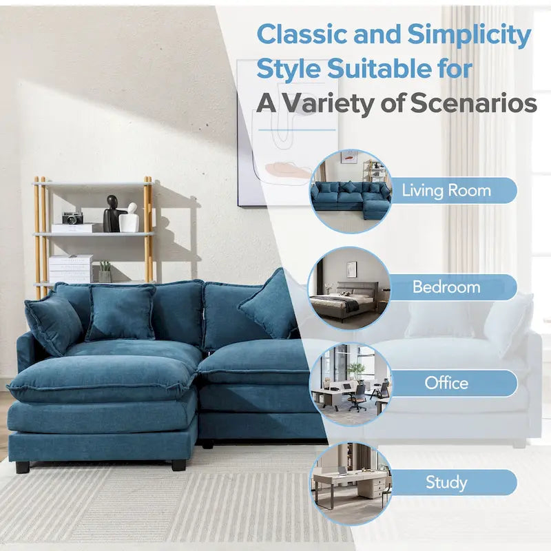 Blaues 112.2 modernes L-förmiges 4-Sitzer-Sofa mit abnehmbarer Ottomane