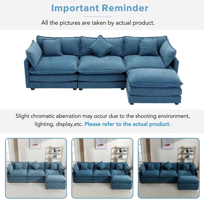 Blaues 112.2 modernes L-förmiges 4-Sitzer-Sofa mit abnehmbarer Ottomane