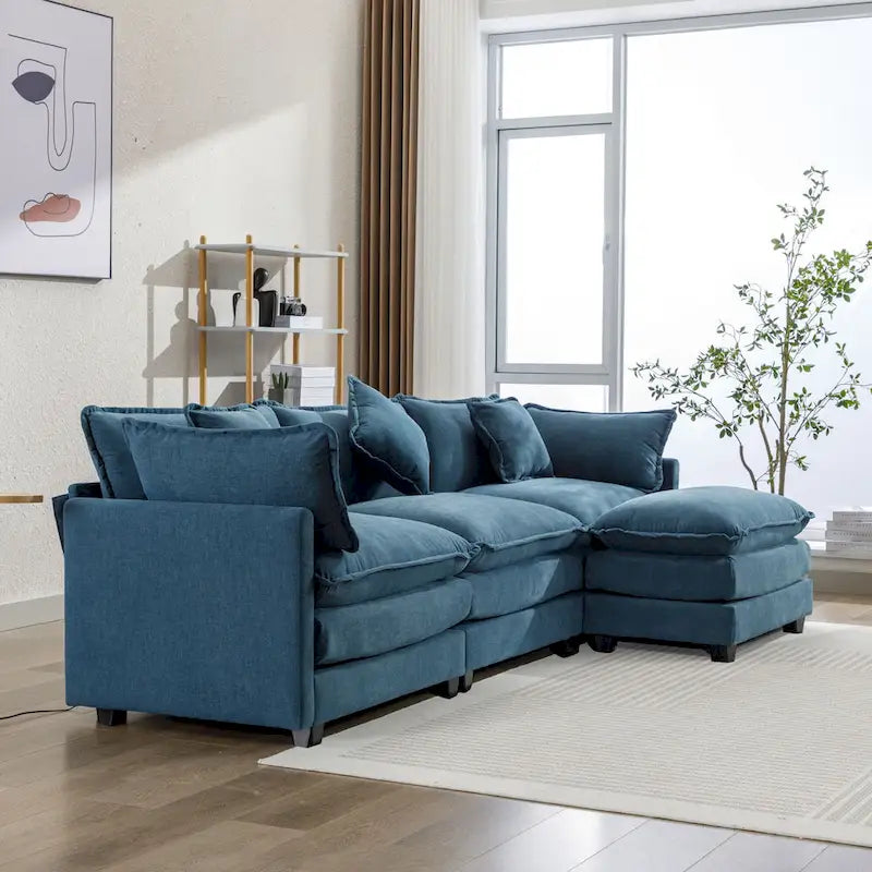Blaues 112.2 modernes L-förmiges 4-Sitzer-Sofa mit abnehmbarer Ottomane