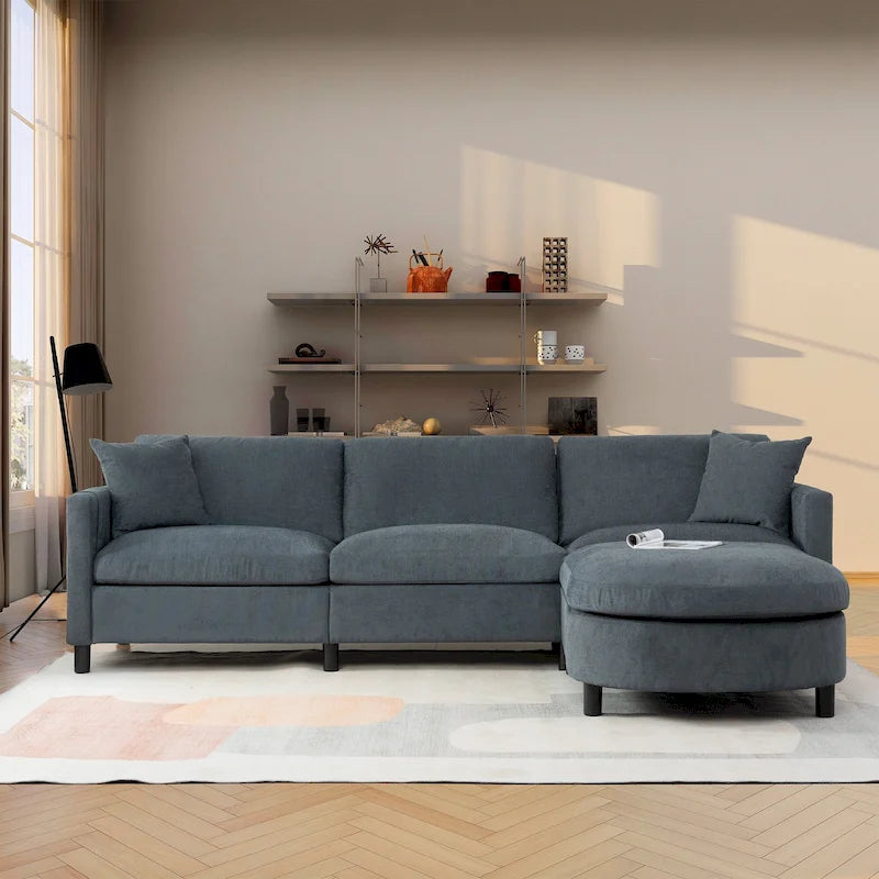 Graues 107.87 Langes 4-Sitzer-Ecksofa mit abnehmbaren Kissen, beweglicher Ottomane und Aufbewahrungstasche an der Armlehne